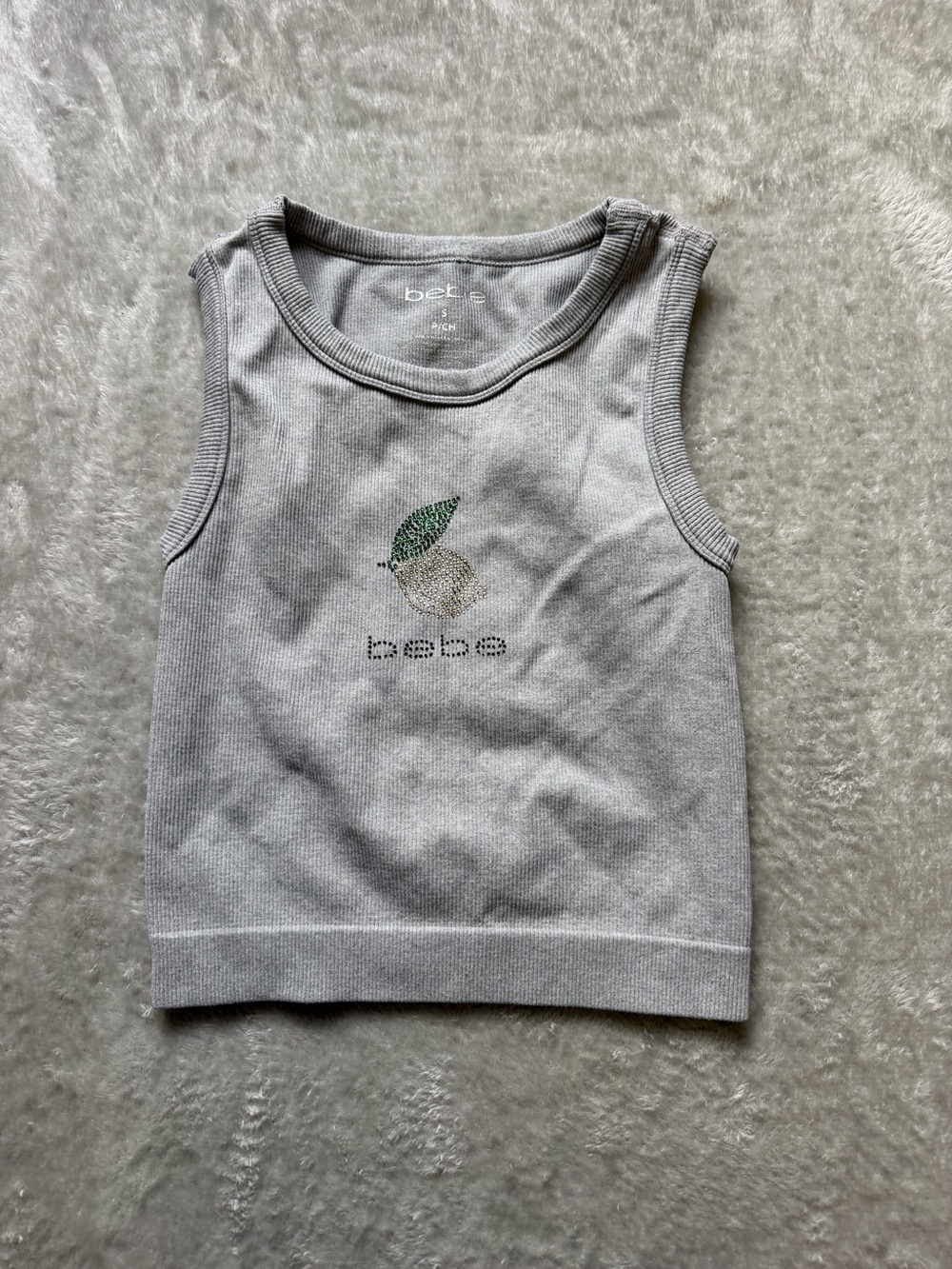 bebe Light Gray Ribbed Tank with Green and Gold Crystal Fruit